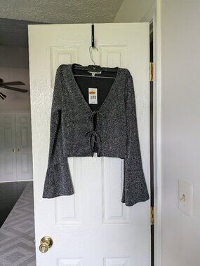 Madden Girl NWT Charcoal Shimmer Tie-Front Bell Sleeve Top - Size M